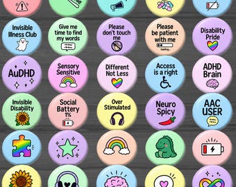 Neurodivergent Ita Bag Pins, Choose 3, 6, 9 or 12 Autism ADHD AAC Disability Button Pins, 1.25 Inch