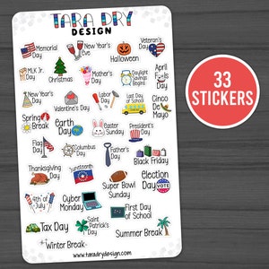 May include: A set of 33 colorful stickers featuring various holidays and events throughout the year. The stickers are designed with illustrations and text, such as "Memorial Day", "Earth Day", "Thanksgiving Day", and "Summer Break".