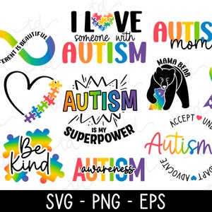 Könnte beinhalten: Ein Set aus zehn digitalen Designs mit bunten Regenbogen-Puzzleteilen und Texten zum Thema Autismus-Bewusstsein. Die Designs beinhalten Sätze wie "Anders sein ist schön", "Ich liebe jemanden mit Autismus", "Autismus-Mama", "Autismus ist meine Superkraft", "Sei freundlich" und "Autismus-Bewusstsein".