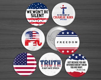 Freedom Charlie Kirk Pinback Button – Political Pin, Conservative Lapel Badge, 1.25" or 2.25"