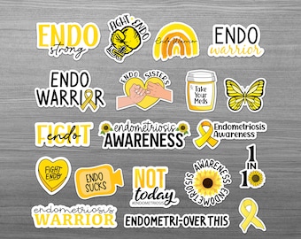 May include: A set of 15 yellow and black stickers with various designs and text related to endometriosis awareness. The stickers feature phrases like "Fight Endo", "Endo Warrior", "Endometriosis Awareness", and "Endometri-Over This".