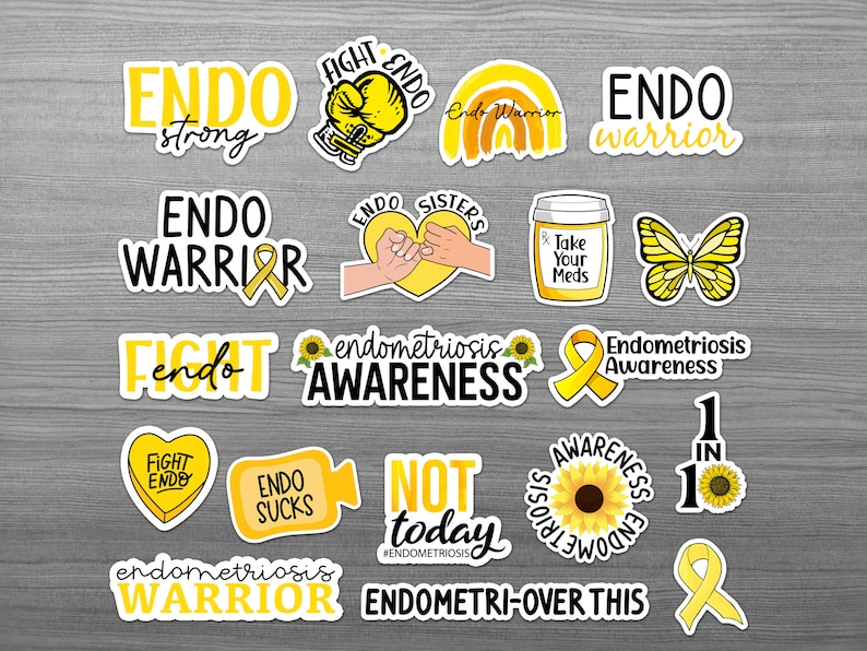 endometriosis sticker gift pack, endo warrior, endo sucks, endometri-over this, 1 in 10, endometriosis awareness stickers, Endo Sucks, yellow ribbon, butterfly, take your meds