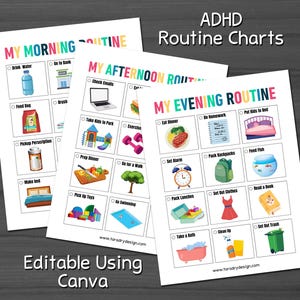 May include: ADHD routine charts for morning, afternoon, and evening. Each chart features illustrated tasks like drinking water, checking emails, and eating dinner. The charts are editable using Canva and are designed to help with daily routines.