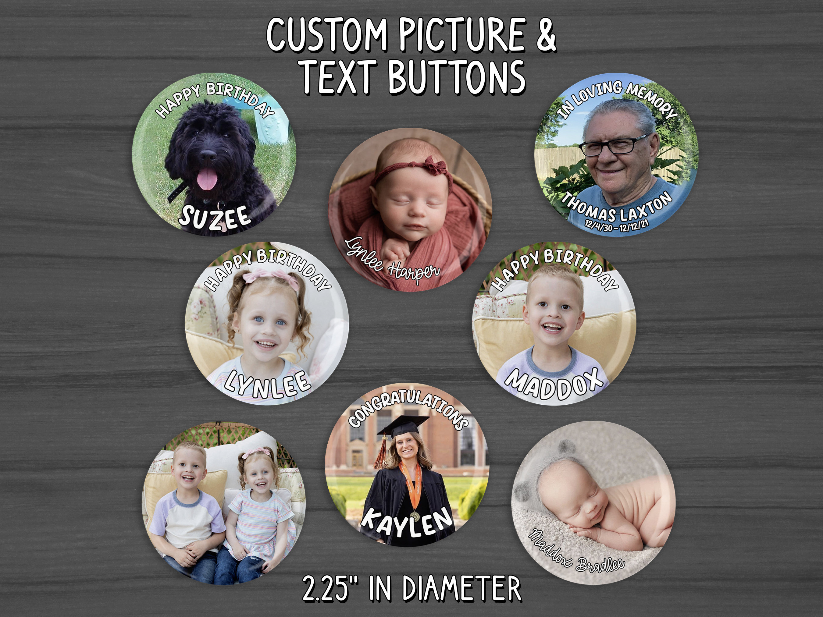 Photo and Text Button Pins, 2.25 inch Pinback Buttons, Personalized Picture Pins, Badges, Same Day Design Proof, Birthday Button