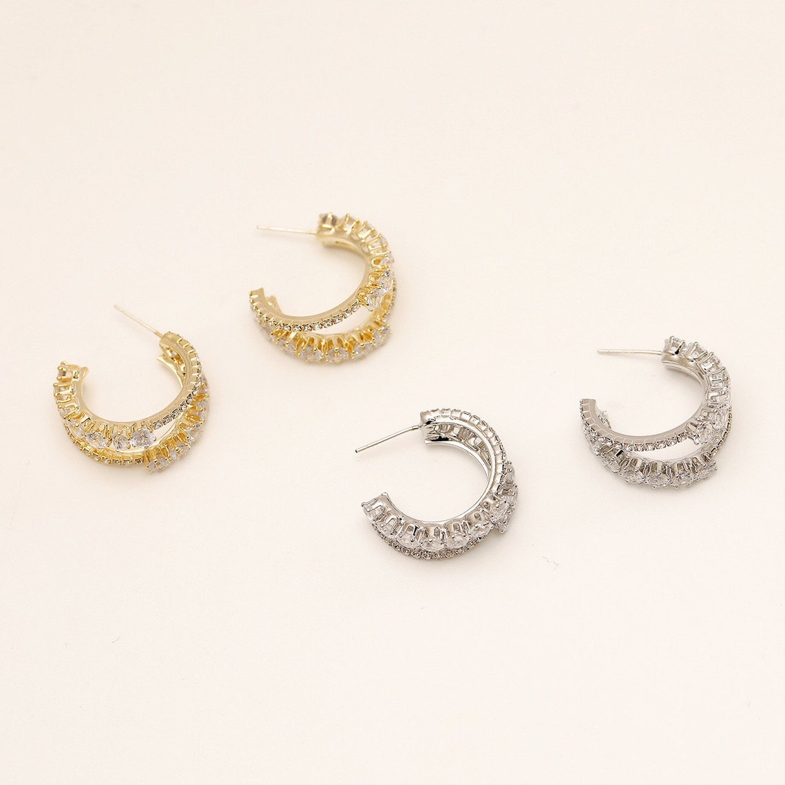 18Kt Gold Plated With Cz Half Hoop Earring