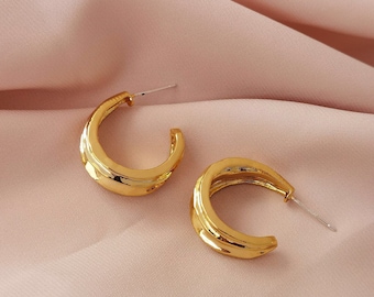 Medium Thick 18k Gold Plated Open Hoops, Medium Hoop Earrings, 18k Gold Plated Hoop Earrings, Medium Gold Hoops, 925 Silver Stud