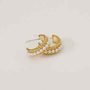 Pearl Hoop Earrings: 14K Gold Huggie Hoops, Bridesmaid Jewelry