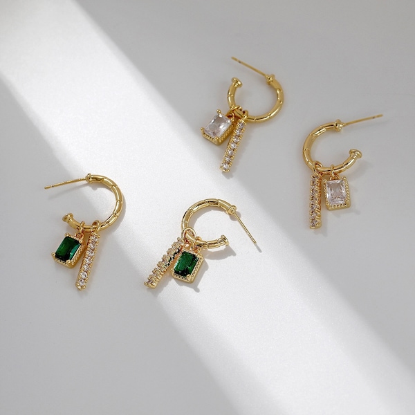 Emerald Earrings, Green Bridal Jewelry, 14K Gold Zircon Earrings, Vintage Earrings, Elegant Zircon Earrings, Zircon Dangle and Drop Earring
