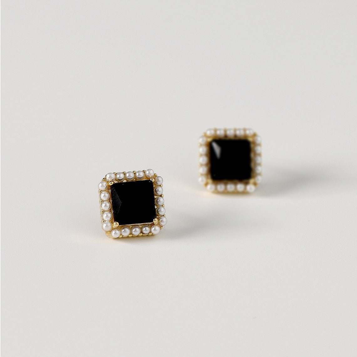 Black Onyx & Pearl Natural Earrings Square Onyx Earrings - Etsy