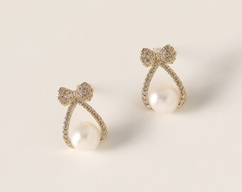 Stud Earring Gold & Cream Bow Made With Glass Pearl & Tin Alloy by JOE COOL