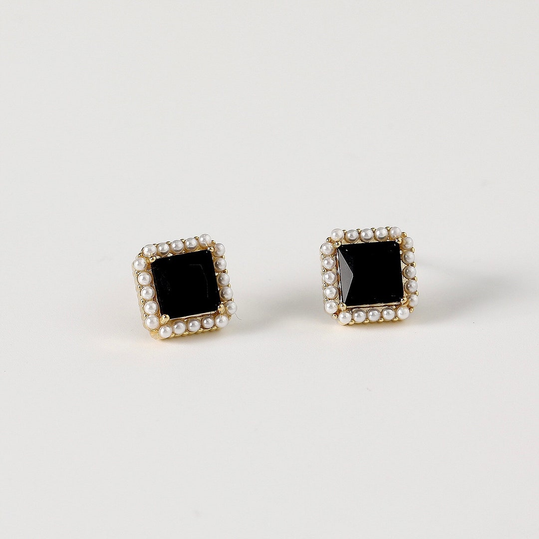 Black Onyx & Pearl Natural Earrings Square Onyx Earrings - Etsy
