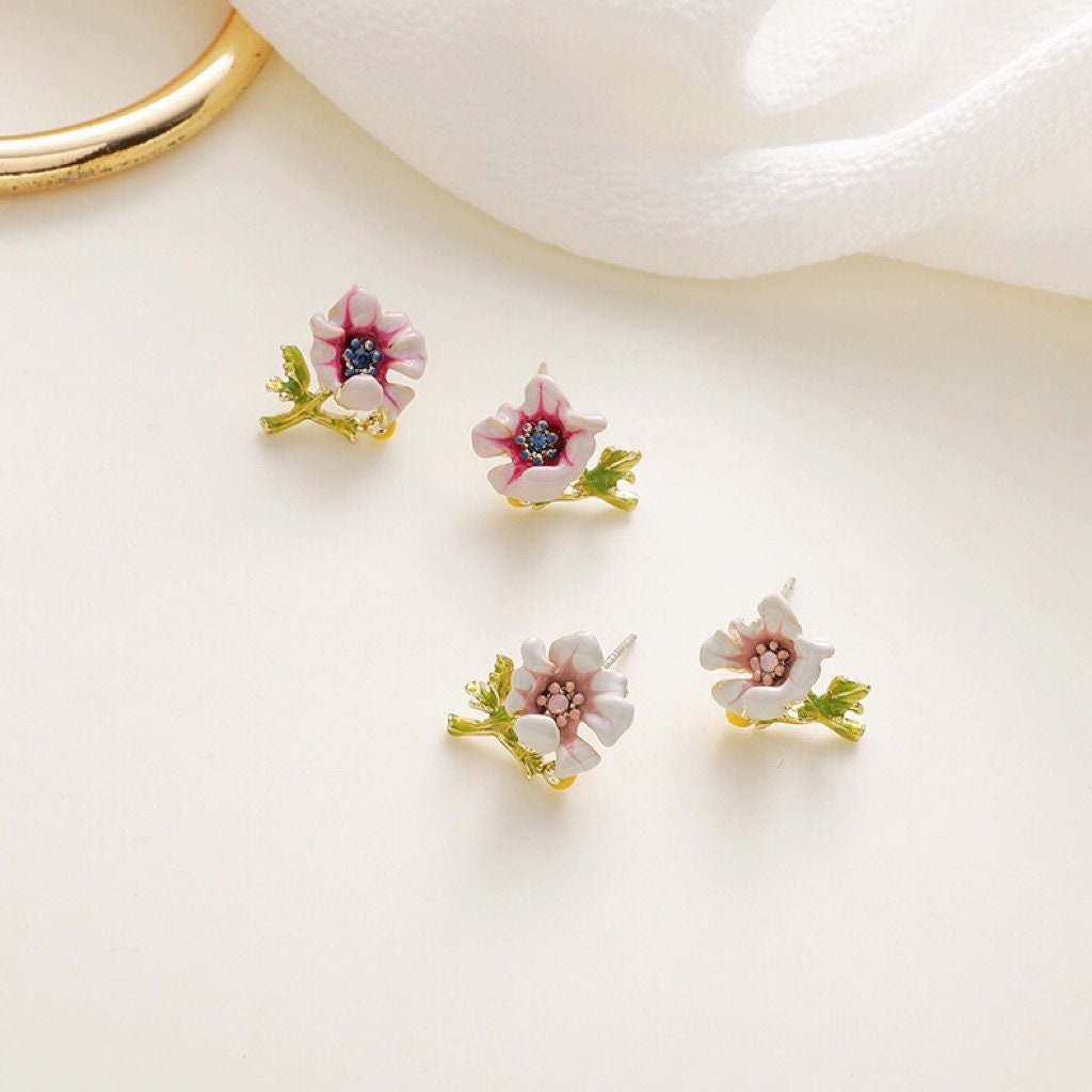 Painted Enamel Glaze White Flower Earrings Handmade Enamel | Etsy