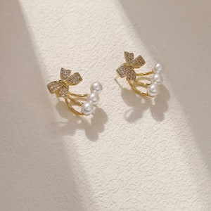 Zircon Bow Pearl Earrings: 14K Gold Plated Wedding Jewelry