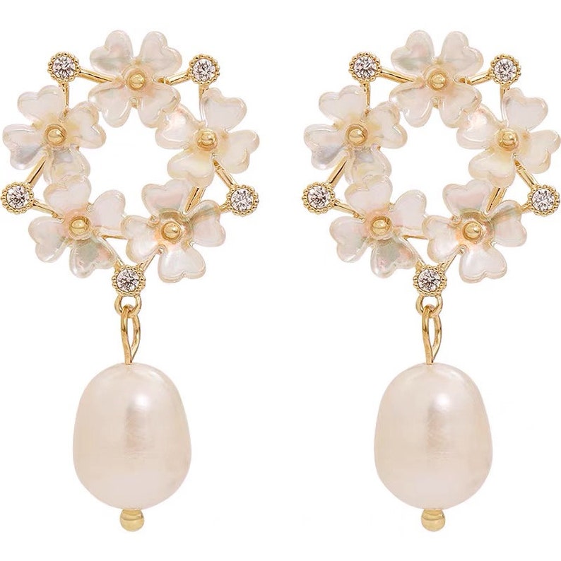 Pearl Flower Earrings Pearl Drop Earrings Pearl Earrings Etsy