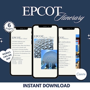 May include: Three smartphones displaying an EPCOT itinerary on a dark blue background. The phones show a schedule, images of EPCOT landmarks, and the text "Instant Download." The design includes the words "EPCOT Itinerary" and "6 Pages."