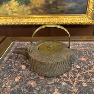 May include: A dark gray cast iron teapot with a textured, pebbled surface, a flat circular brass lid featuring a small central knob, and a thin, arched brass handle. The teapot has a short, straight spout extending from the side of the body.