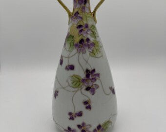 Antique Nagoya Nippon Porcelain Vase – Hand-Painted with Gilded Violets, 9.5” Tall