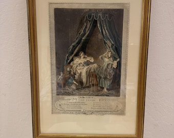 Antieke Franse handgekleurde gravure 'Le Lever' naar Freudenberger, 18e-eeuwse boudoirscène, lijst [SH-SL4]