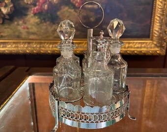 Antique English Silver Plated Cruet Stand with Cut Glass Bottles, Complete 5-Piece Set [EW]