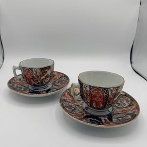Set of 5 Antique Japanese Imari Teacups & Saucers – Hand-Painted with Florals, Birds, Gold Detailing