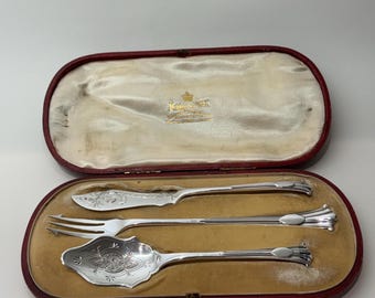 Juego antiguo de postres de plata esterlina Mappin & Webb (3 piezas) en estuche original – Londres [SP]