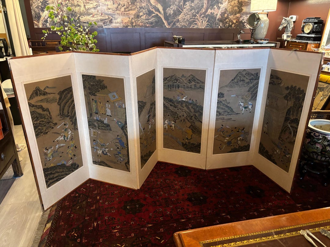 Antique Six panel Korean Folding Screen Royal Procession Scene antique-six-panel-korean-folding-screen-royal-procession-scene