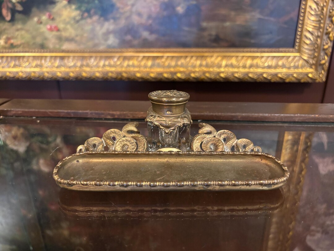 Crystal Ink Pot Antique American Brass Inkwell With Snake Motif Tray – Hoboken, New ...