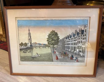Antik 18tes Jahrhundert Handkolorierte Optische Ansicht von Amsterdam | Montelbaanstoren Binnenkant Gracht Szene | Französische Gravur, Leinen Passepartout Rahmen