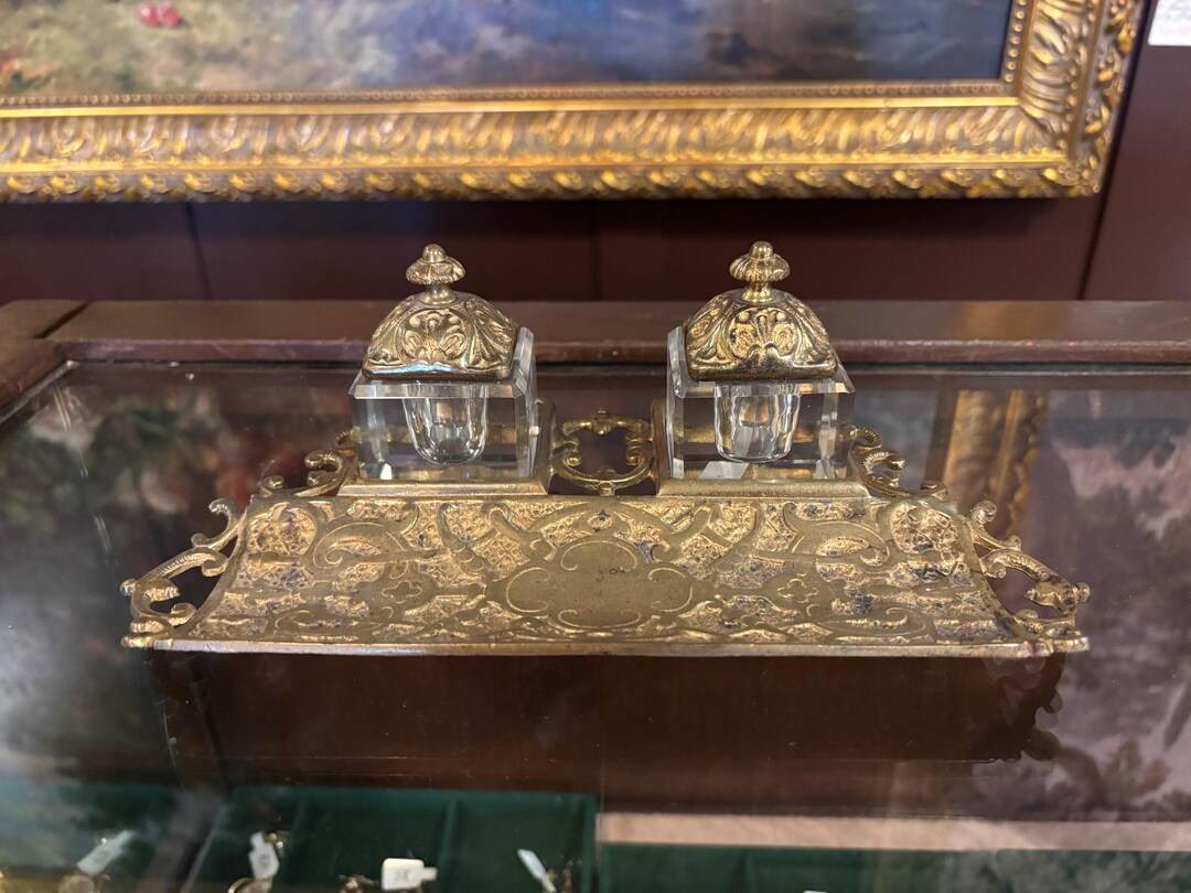 Crystal Ink Pot Antique Victorian Gilt Bronze Double Inkwell With Tray – British Desk ...