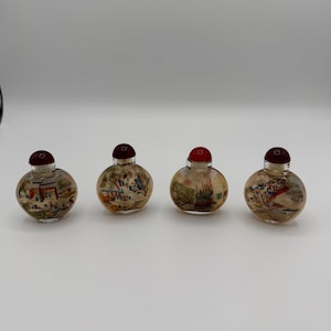 Set of 4 Antique Chinese Reverse-Painted Snuff Bottles – Early 1900s Hand-Painted Miniatures