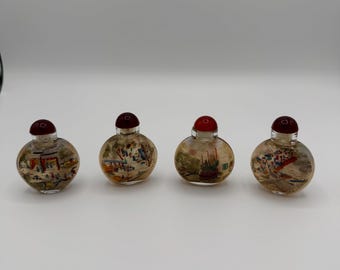 Set of 4 Antique Chinese Reverse-Painted Snuff Bottles – Early 1900s Hand-Painted Miniatures