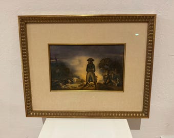 Gravura antiga em água-tinta de Napoleão na Itália, segundo Auguste Raffet | Cena militar francesa emoldurada | Moldura dourada com documentos originais | [SH-50-33