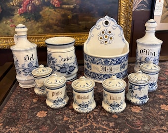 Conjunto de potes de cozinha antigos Villeroy & Boch Blue Onion, potes de porcelana alemã para especiarias, caixa de parede, século XIX [SP]
