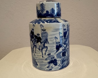 Antique Chinese Blue & White Porcelain Tea Caddy – Warrior Scene, Signed