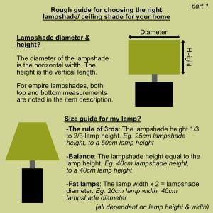 May include: An instructional infographic titled Rough guide for choosing the right lampshade/ ceiling shade for your home. It features diagrams of lamps with green shades and black bases, explaining diameter, height, and sizing rules.