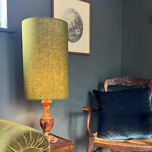 Olive green linen drum extra tall cylindrical lampshade, with a white lining