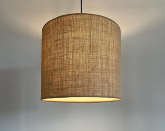 Natural Hessian drum lampshade/ ceiling shade with a white lining, beige, brown straight sided lampshade