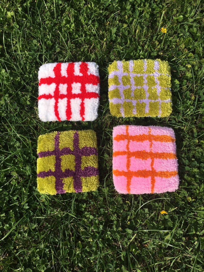 Checkered Mug Rugs Rug Tufted Coasters Lilac Pink Olive Green Etsy UK