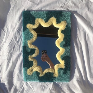 Tufted mirror in Teal, yellow and mint rug mirror vanity mirror wavy mirror punch needle