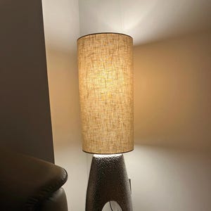 Natural linen drum extra tall cylindrical lampshade, with a white lining