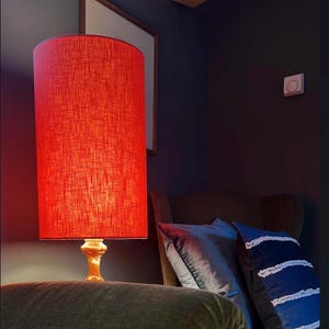 Rust orange linen drum extra tall cylindrical lampshade, with a white lining
