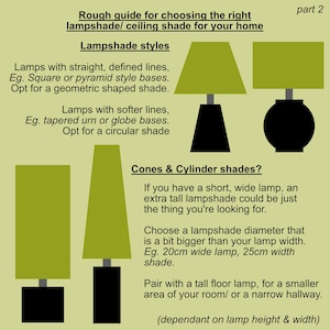 May include: An informational graphic titled Rough guide for choosing the right lampshade/ ceiling shade for your home part 2. It features illustrations of various lamp bases and green shades, with text explaining shape matching and sizing.