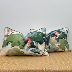 Handmade parrot linen cushion, cream velvet reverse, teal linen piped edge pillow, 57cm x 37cm rectangle, feather insert included