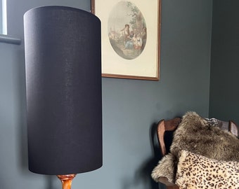 Black cotton drum extra tall cylindrical lampshade, with a white lining