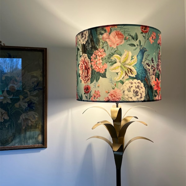 Peacock floral velvet drum lampshade / ceiling shade, in duck egg, with a white lining