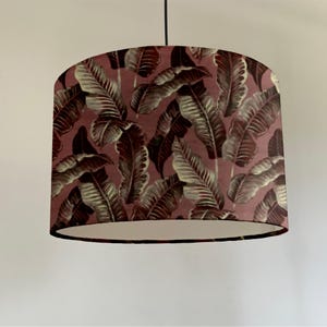 Pink leaves velvet circular drum lampshade/ ceiling light shade, with a white lining. Tropical pink velvet unique lamp shade