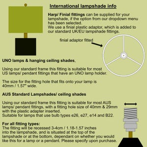 May include: An informational graphic detailing international lampshade fittings, including a diagram of a lamp with a green shade, a top-down view of a finial adaptor, and a side view of a bulb socket with a 1.18-1.57 inch recessed fitting.