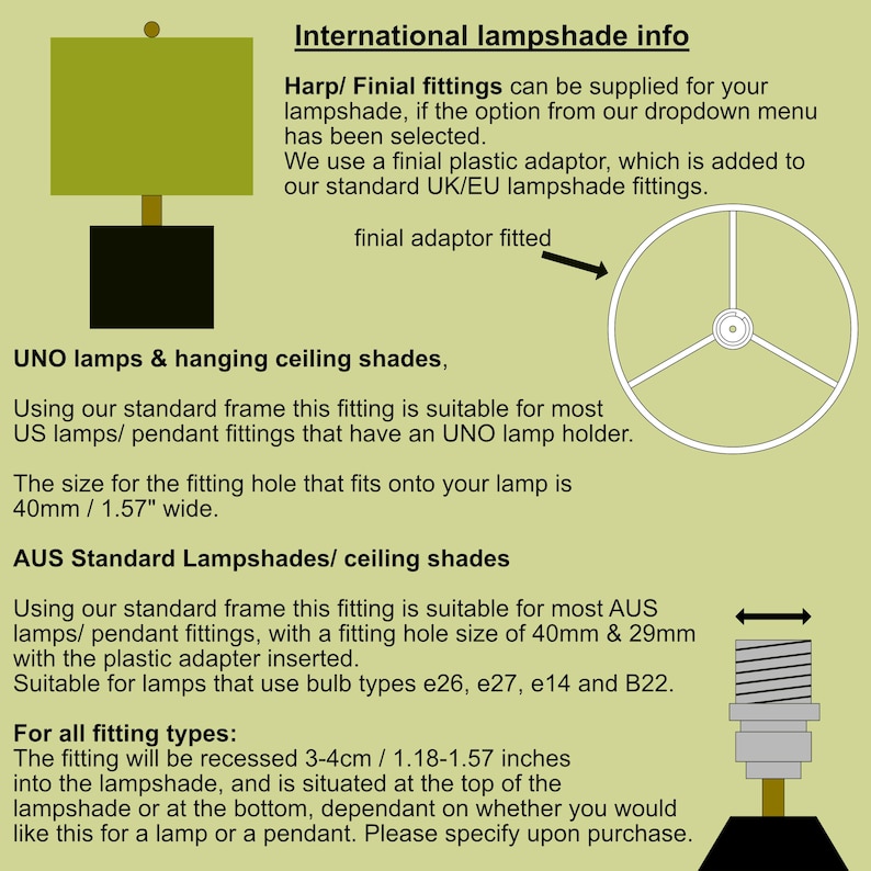 May include: An informational graphic detailing international lampshade fittings, including a diagram of a lamp with a green shade, a top-down view of a finial adaptor, and a side view of a bulb socket with a 1.18-1.57 inch recessed fitting.