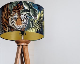 Bengal Tiger velvet drum lampshade/ ceiling shade with a metallic brushed gold lining
