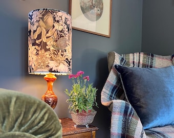 Peacock butterfly velvet in black, circular drum lampshade/ ceiling shade, with a white lining